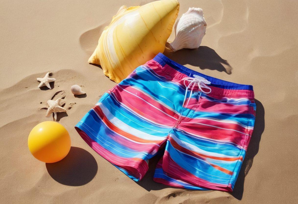 A vibrant beach scene featuring a variety of colorful swim trunks and two-piece suits displayed on a sunlit sandy shore. Include playful beach elements like seashells and beach balls, with waves gently crashing in the background. Convey a fun, summery atmosphere with clear blue skies and people enjoying the beach. The focus should be on the stylish swimwear, showcasing a range of designs and colors. super-realistic. vibrant colors. 3D.