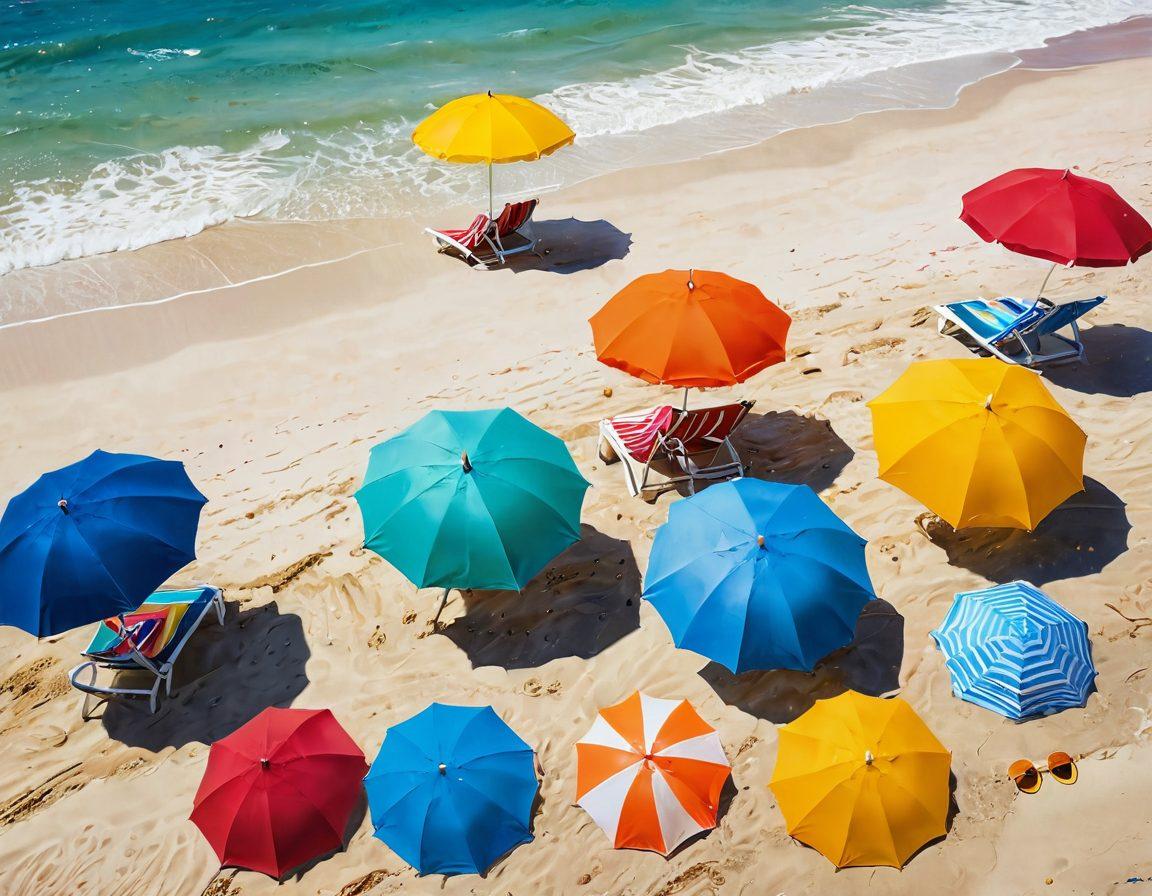 A vibrant beach scene showcasing an array of stylish swim trunks and colorful two-piece swimsuits laid out on a sandy shore. In the background, sunbathers relax under a clear blue sky, with gentle waves lapping at the beach. Brightly colored beach umbrellas and a beach ball add a playful touch. The focus is on the fashion and lifestyle of beachgoers, conveying a sense of fun and relaxation. super-realistic. vibrant colors. beach background.